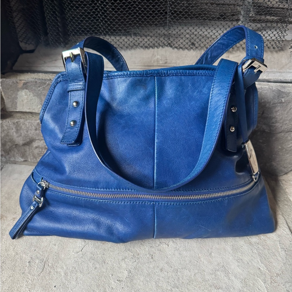 b. makowsky Bold Blue Leather Shoulder Bag with Front Zip